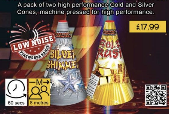 A pack of two fireworks cones labeled 'Gold Rush' and 'Silver Shimmy', designed for low noise. Price displayed