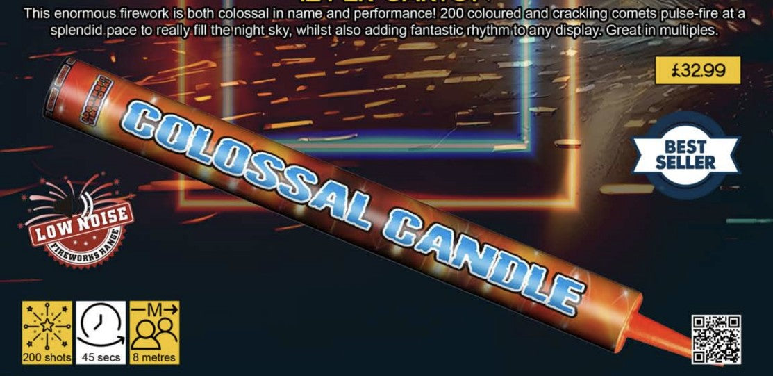 A product image featuring a box of the Colossal Candle 200 shot firework with a label indicating it is a low noise item. The image contains text and graphics related to the product, including a QR code and social media tags.