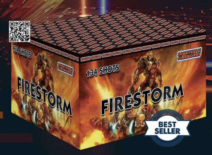 Packaging for the Firestorm 134 shot firework with a fiery design featuring a character and text, marked as a best seller.