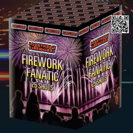 Packaging for 'Firework Fanatic 25 shot' fireworks with images of fireworks and silhouetted figures in the background.