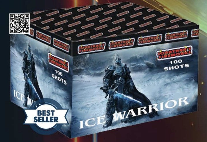 A product image featuring a box of fireworks labeled 'Ice Warrior' with a graphic of a man in ice-themed attire and a best seller badge.