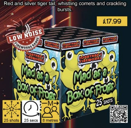 Packaging for 'Mad as a Box of Frogs 25 Shot (Low Noise)' fireworks with illustrations of frogs and product information.