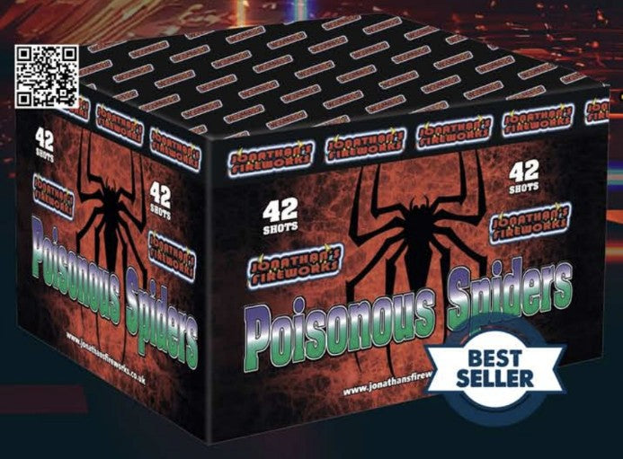 Box of 'Poisonous Spiders' fireworks with spider graphics and a QR code.