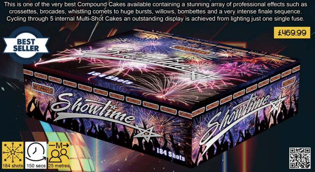 A box of Showtime 5 cake 184 shot fireworks with a vibrant cover design showcasing multicolored fireworks.