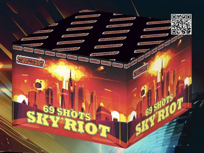 Packaging for the Sky Riot 69 shot firework with an illustration of fireworks and the product name on it.
