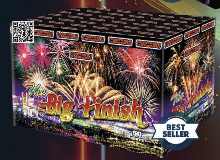 Packaging for 'The Big Finish 50 shot' firework with images of fireworks displayed above a cityscape, indicating the product is a firework cake with multiple shots.