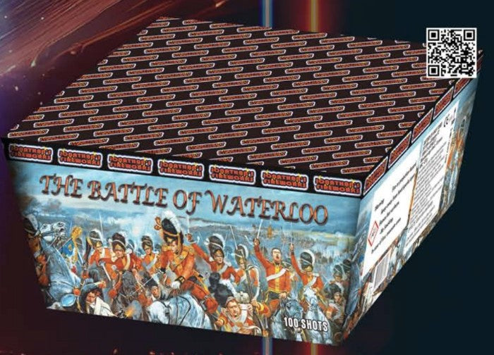 A firework cake box labeled 'The Battle of Waterloo' with a illustration of a historical battle scene.