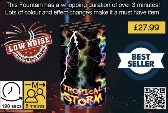 A product image featuring the 'Tropical Storm - Low Noise' firework from The Kent Firework Shop, displaying graphical elements and text related to the product, with a background designed to resemble a stormy sky.