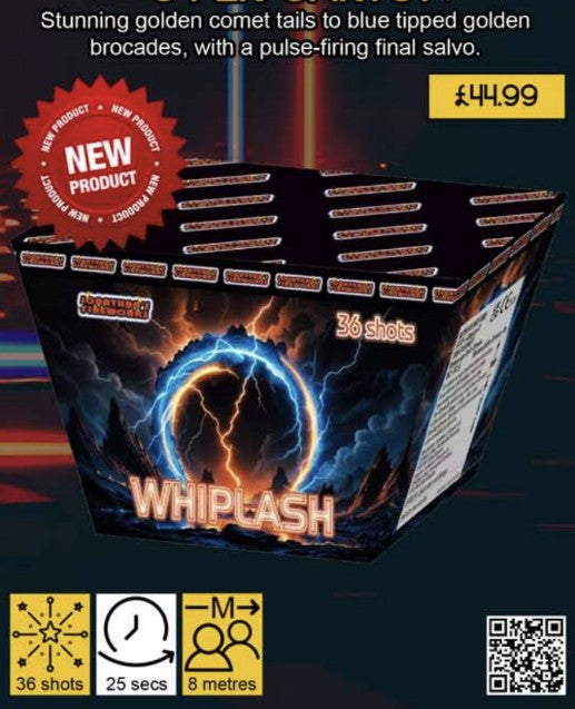 Packaging for 'Whiplash' brand fireworks, featuring a visual of golden comet tails and blue-tipped golden brocades