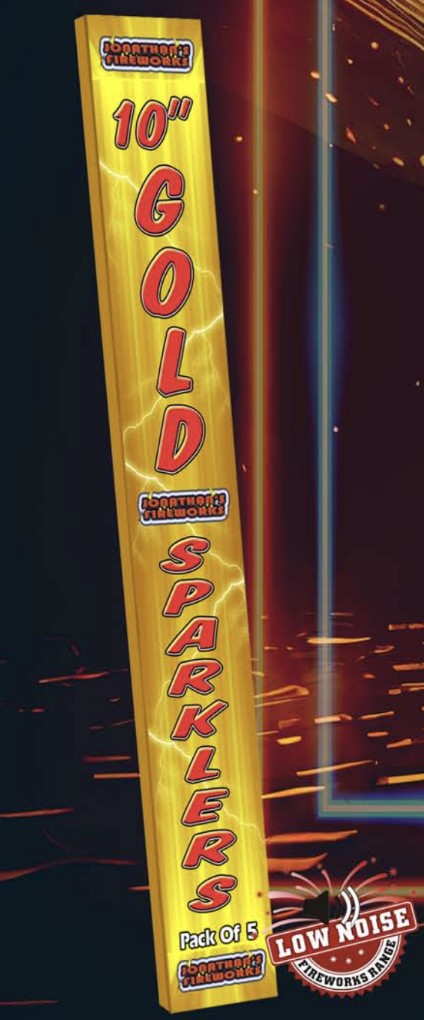 A pack of 10 inch gold sparklers designed for low noise