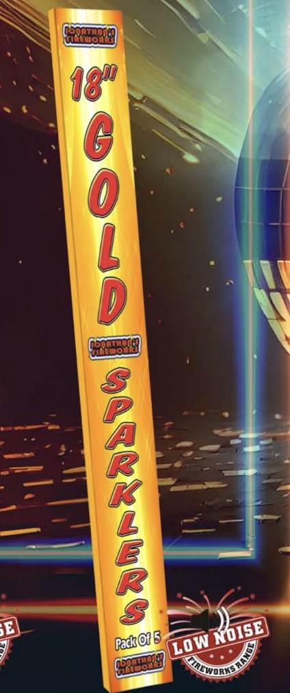 Packaging for a 18 inch gold sparklers firework with a yellow background displaying the product name and a low noise tag.