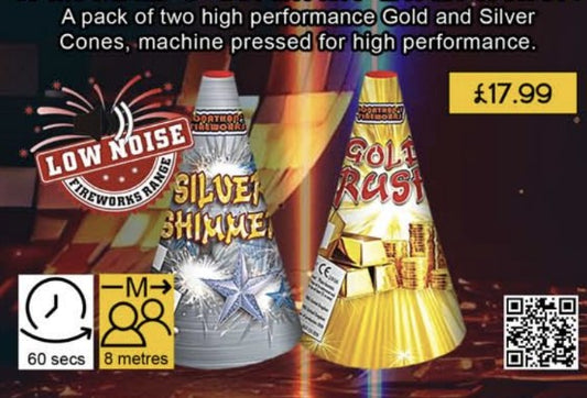 A pack of two fireworks cones labeled 'Gold Rush' and 'Silver Shimmy', designed for low noise. Price displayed 
