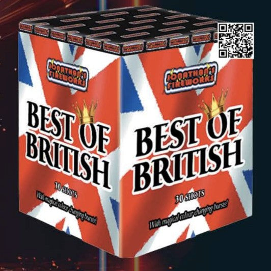 Box of 'Best of British' fireworks with Union Jack design on a dark background