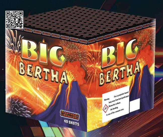 Packaging for 'Big Bertha 49 shot' fireworks with visual display of fireworks and the name Big Bertha prominently displayed.