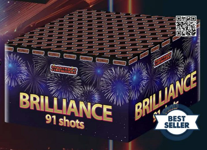Packaging for 'Brilliance 91 shot' fireworks with visual display of fireworks and the text '91 shots' prominently featured.