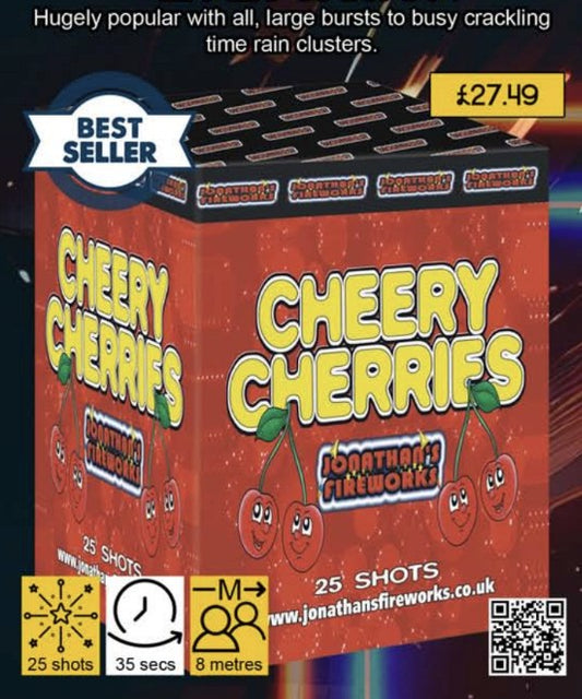 A product image of a box of Cherry Cherries 25 shot fireworks with a red and yellow color scheme and graphics depicting cherries.