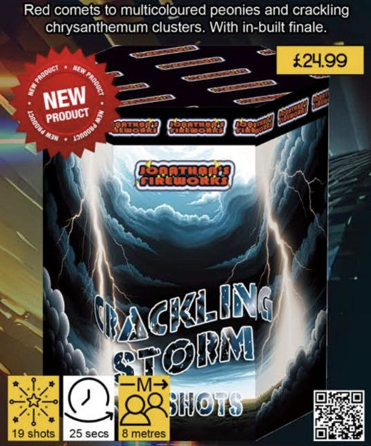 Packaging for the 'Cracking Storm 19 Shot' firework, featuring a dramatic design with lightning and multicolored flowers.