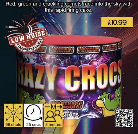 Packaging for 'Crazy Crocs 96 shot (Low Noise)' fireworks with visual display of the product and price, featuring graphics of fireworks and comets.