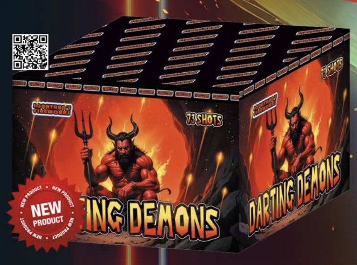 Packaging for 'Darting Demons 73 shot' fireworks with a illustration of a devilish figure holding a trident and the text 'DARTING DEMONS' prominently displayed.