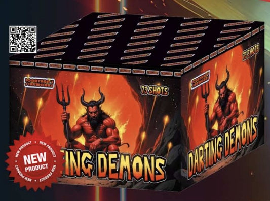 Packaging for 'Darting Demons 73 shot' fireworks with a illustration of a devilish figure holding a trident and the text 'DARTING DEMONS' prominently displayed.