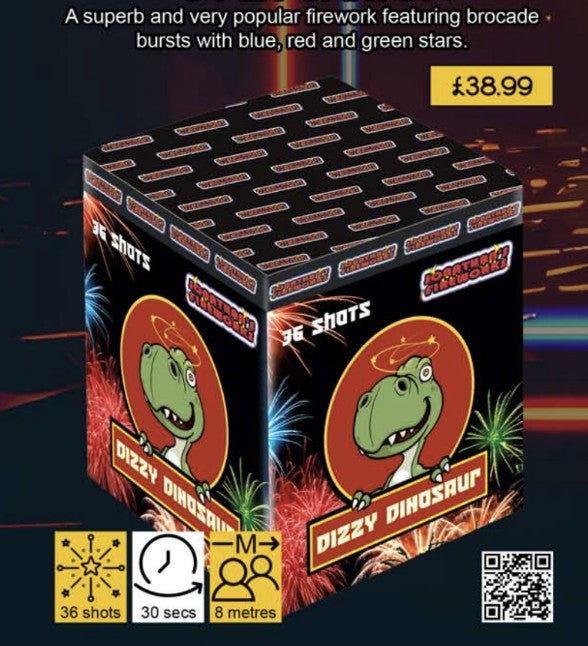 Firework box with 'Dizzy Dinosaur' branding on a dark background