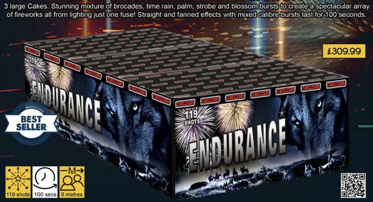 A box of Endurance 3 cake fireworks with a 119 shot count, displaying the product name and a preview of the fireworks effects.