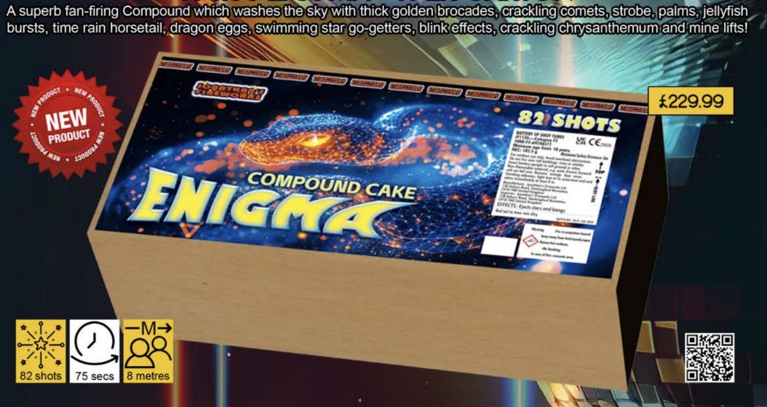 Packaging for 'Enigma 3 cake 82 shot' firework with visual details indicating a compound cake structure and 82 shots.