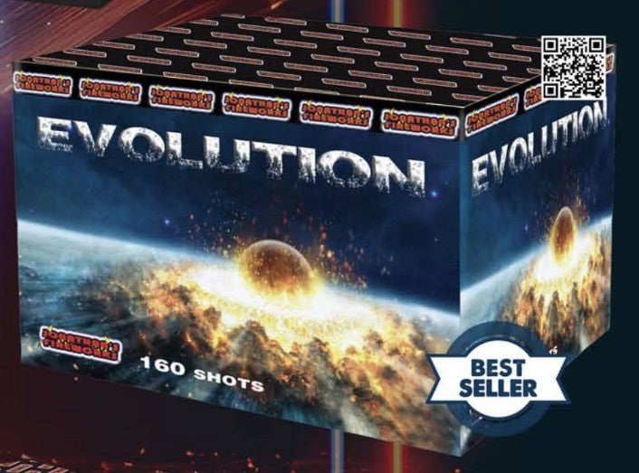 Packaging for 'Evolution 160 shot' fireworks with a space-themed design, featuring a ball of fire and cosmic elements.