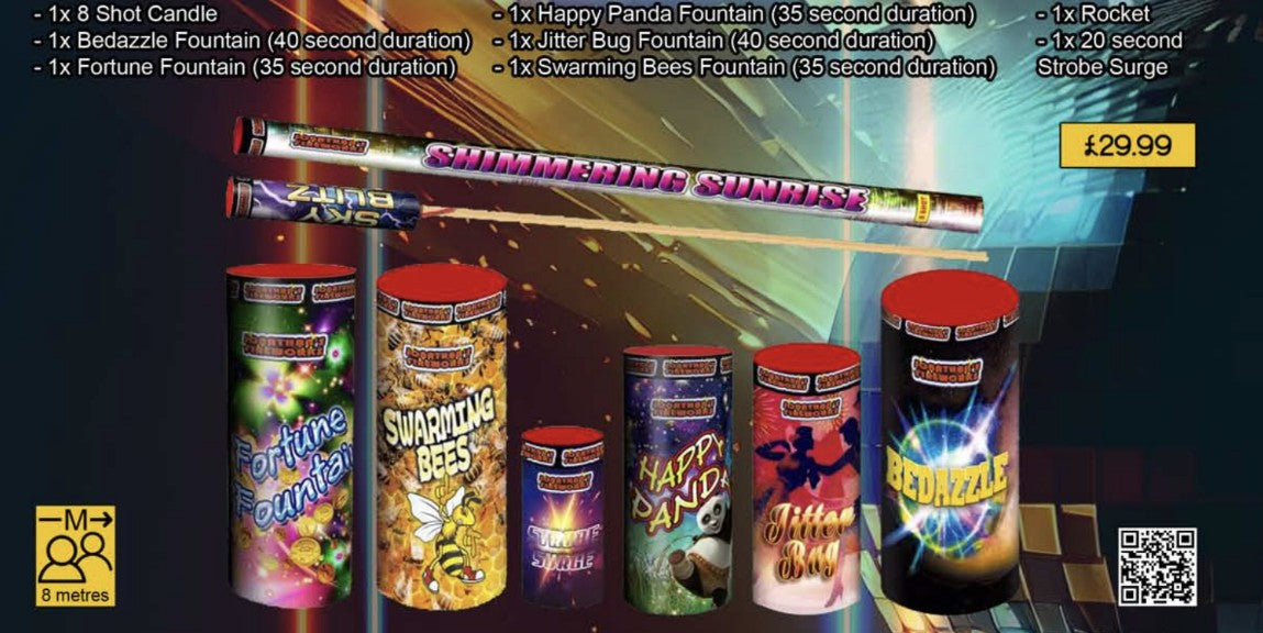 A selection of fireworks displayed in a box, including tubes and canisters with different designs and colors.