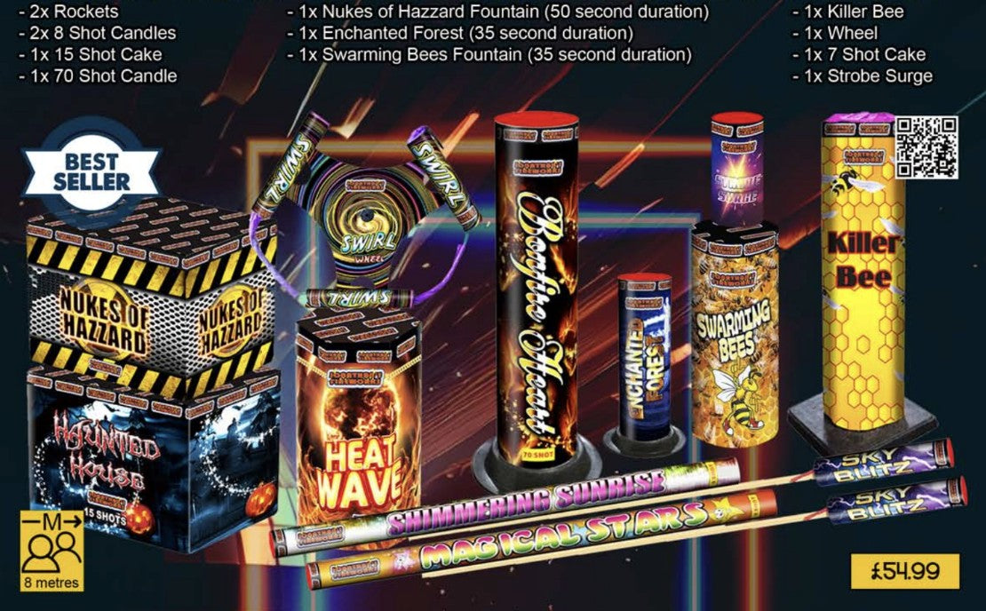 A selection box of various firework items including rockets, a fountain firework, a Swirl wheel and other firework candles, all displayed on a stand.