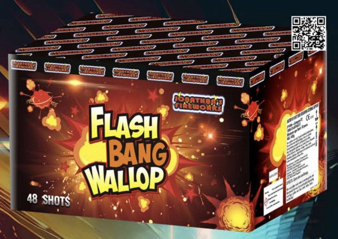 Packaging for the Flash Bang Wallop 48 shot fireworks cake with visual display of fireworks and product information.