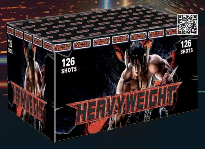 Packaging for a fireworks show featuring a graphic of a person with a boxing theme, and the text 'HEAVYWEIGHT' along with the number '126' indicating the number of shots in the pack.