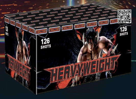 Packaging for a fireworks show featuring a graphic of a person with a boxing theme, and the text 'HEAVYWEIGHT' along with the number '126' indicating the number of shots in the pack.