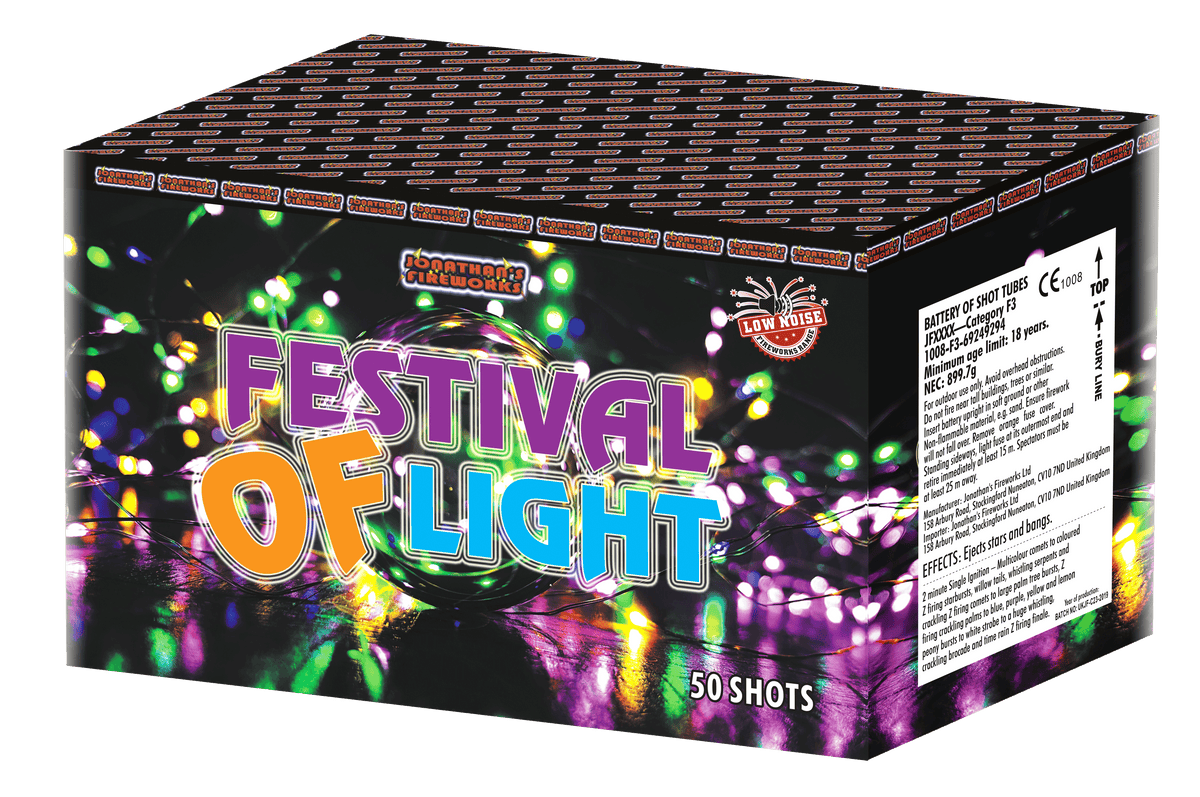 A boxed fireworks product labeled 'Festival of Light' with colorful string-light graphics on the front and side panels, photographed on a plain white background.