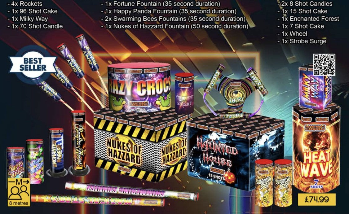 An assortment of fireworks displayed in packaging with various labels such as 'Best Seller' and ' enclosure Forest'. The image shows multiple firework types including rockets, fountains, and wheels.