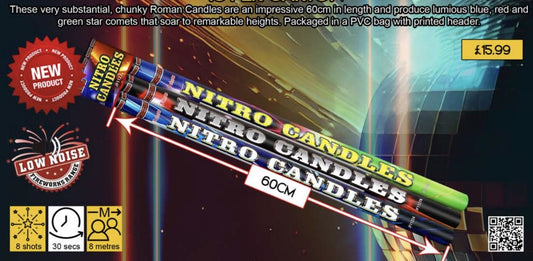 A pack of Nitro candles labeled as low noise with red and green star patterns on the packaging.