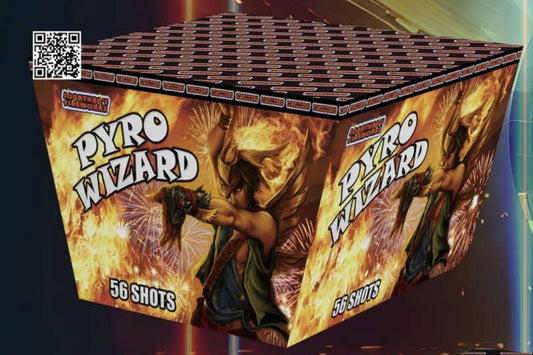 Pyro Wizard firework box with fiery design and '56 Shots' text on a dark background.