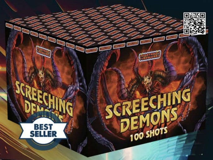 Packaging for 'Screeching Demons 100 shot' fireworks with graphical representation of demons and fire.