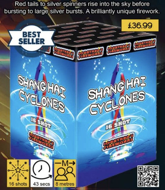 A product image of 'Shanghai Cyclones 36 shot' fireworks with a price tag of £36.99