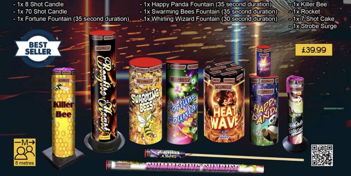 A selection of fireworks from a 10 piece selection box, including various shapes and designs on the packaging.