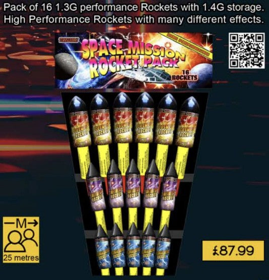 Pack of 16 space mission rockets with 1.3g performance, displayed on a stand with details of the product and price.