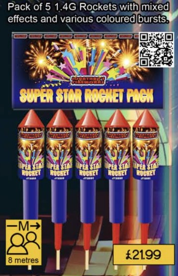 Pack of five 'Super Star Rocket' fireworks with product information and pricing visible.