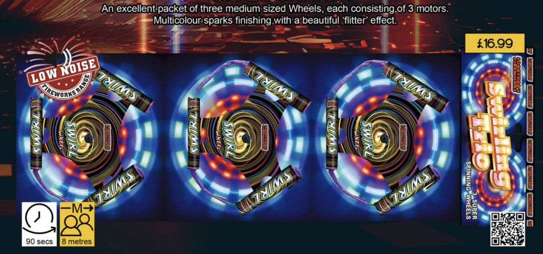 An image showcasing three medium speed wheels with a swirling pattern and multicolored lights, part of the Swirling trio pack - Low Noise.