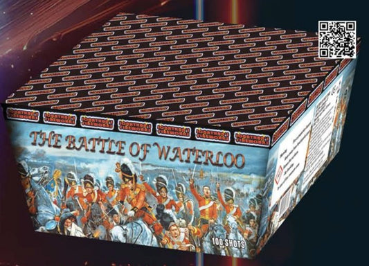 A firework cake box labeled 'The Battle of Waterloo' with a illustration of a historical battle scene.